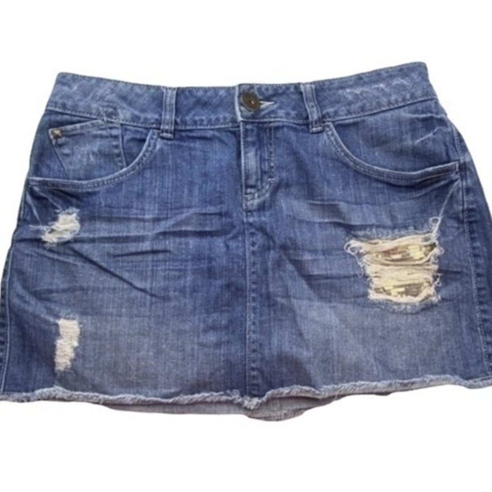 Elle Mini Skirt Distresses Denim Sequin